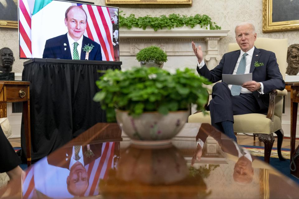 President Joe Biden speaks during a virtual meeting with Ireland's Prime Minister Micheal Martin on St. Patrick's Day, in the Oval Office of the White House, Wednesday, March 17, 2021, in Washington. (AP Photo/Andrew Harnik)