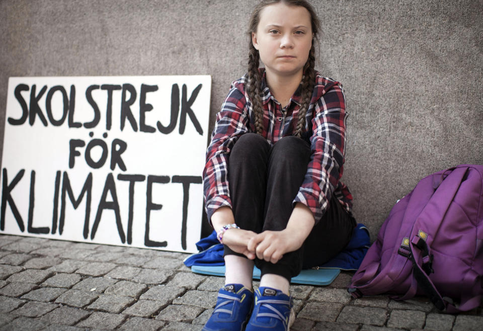 This image released by Hulu shows activist Greta Thunberg in a scene from the documentary "I Am Greta." The film premieres Friday on Hulu. (Hulu via AP)
