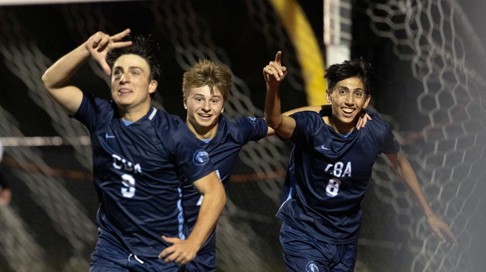 CBA celebrate their first goal of game. scored by Cameron D'Alterio (on right).  Christian Brothers Academy defeats Howell 2-1 in Shore Conference Tournament Final in Neptune NJ. October 22, 2022. 
