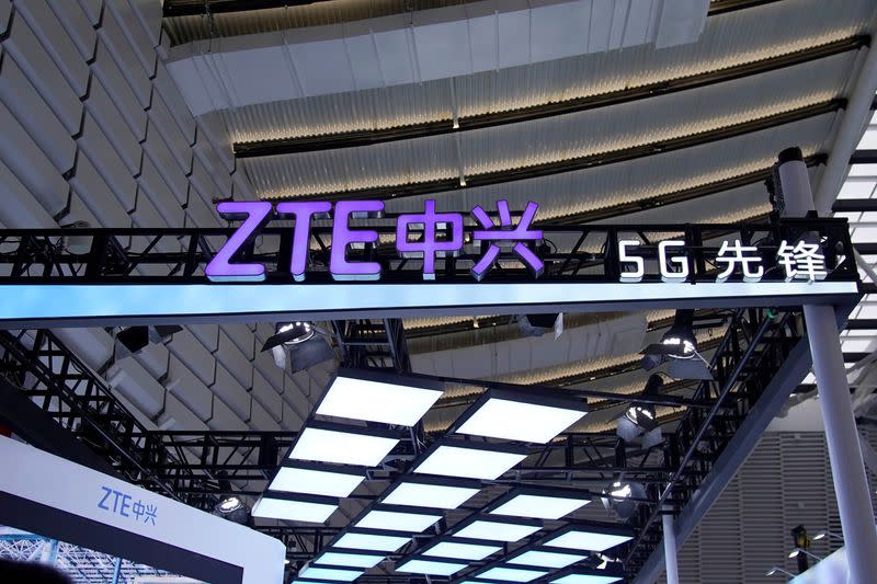 A logo of Zte is seen during the World Internet Conference (WIC) in Wuzhen