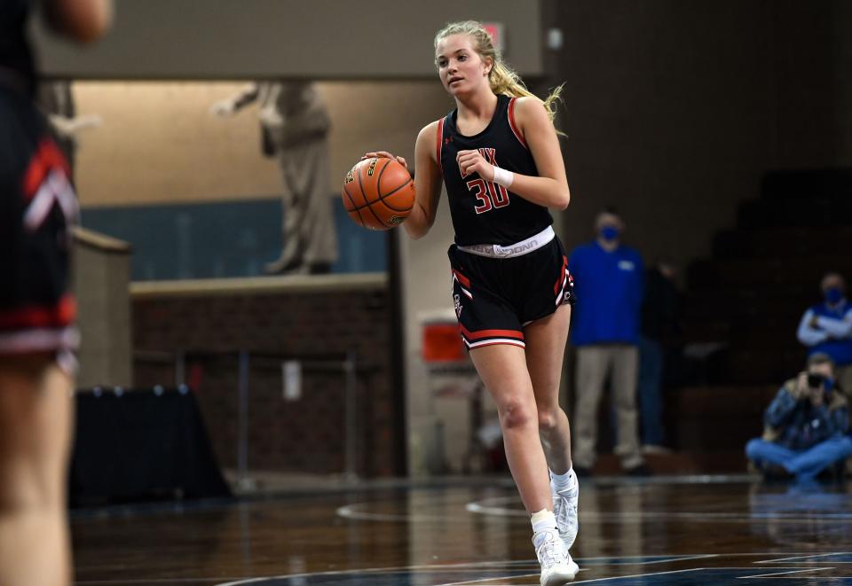 Brandon Valley's Hilary Behrens dribbles the ball down the court during the quarterfinals of the Class AA girls state tournament on Thursday, March 11, 2021, at the Sanford Pentagon in Sioux Falls.