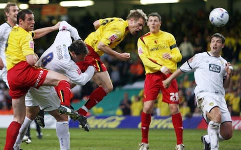 Watford's Jay DeMerit, centre, of the U.S. scores against Leeds United during the English Championship play-off final at Millennium Stadium, Cardiff, Sunday May 21, 2006 - Credit: AP Photo/ Nick Potts/PA