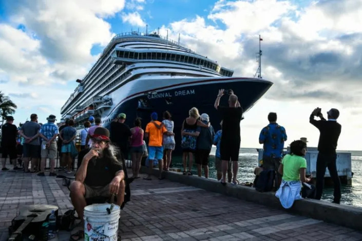 A Carnival Dream cruise docks in Key West, Florida on April 11, 2022 where the community is divided on the benefit of such ships (AFP/CHANDAN KHANNA)