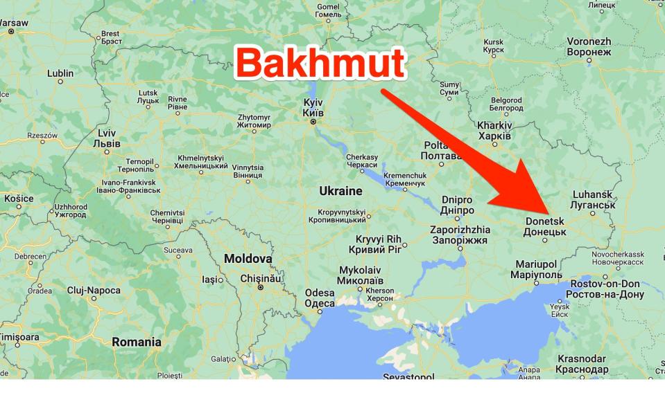 A map showing the location of the Ukrainian city of Bakhmut.