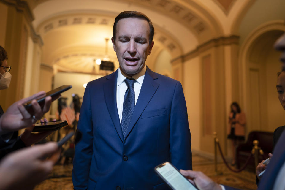 Sen. Chris Murphy, D-Conn., who has led the Democrats in bipartisan Senate talks to rein in gun violence, talks to reporters, at the Capitol in Washington, Wednesday, June 22, 2022. Senate bargainers reached agreement on a bipartisan gun violence bill yesterday, with Majority Leader Chuck Schumer predicting Senate approval later this week. (AP Photo/J. Scott Applewhite)