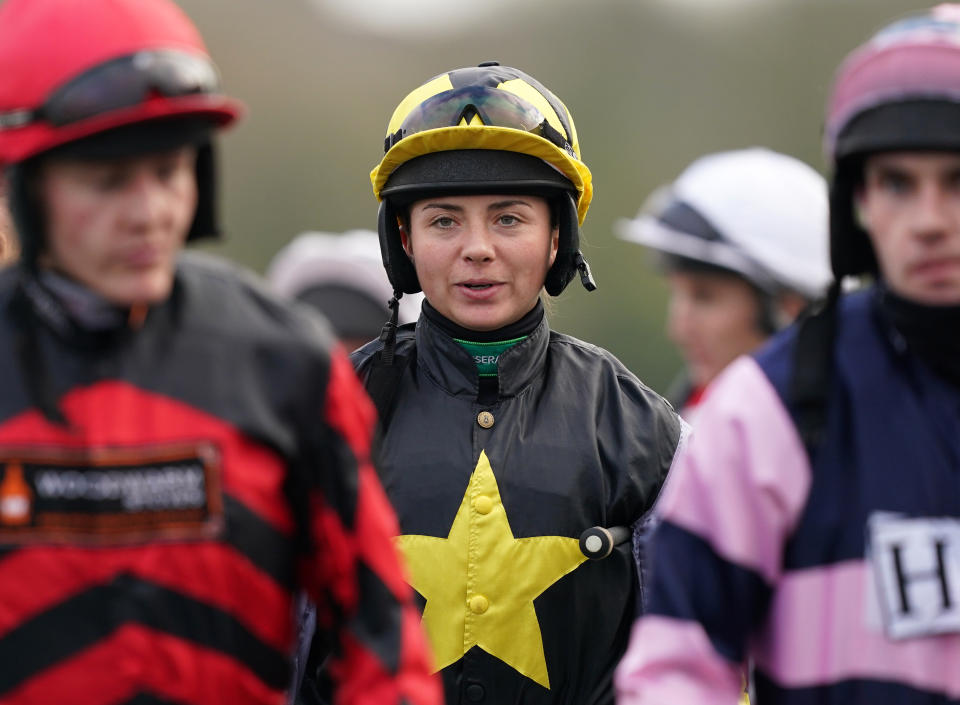 Bryony Frost (centre) at Chepstow racecourse. Picture date: Friday November 19, 2021.