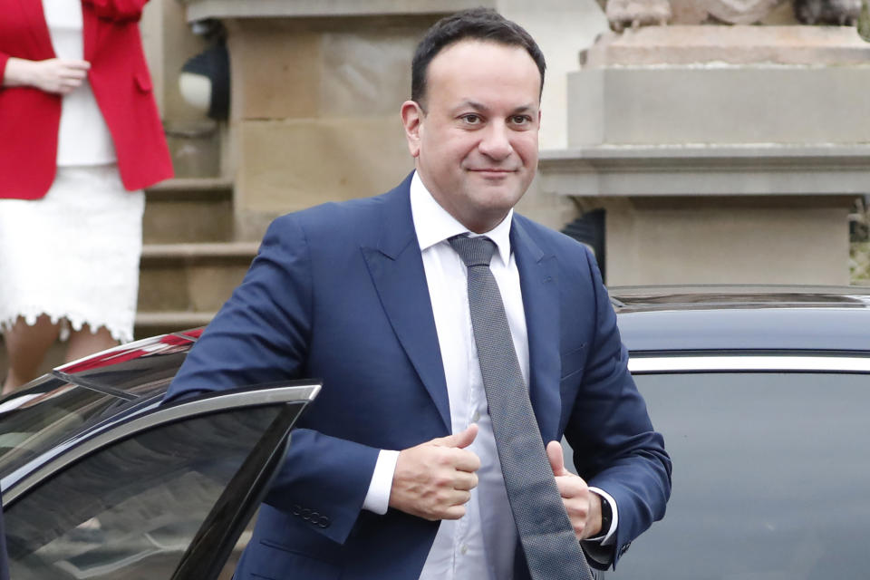 FILE - Irish Prime Minister Leo Varadkar gets out of his car as he goes to meet Northern Ireland's First Minister Michelle O'Neill and Deputy First Minister Emma Little-Pengelly, in Belfast, Northern Ireland, Feb. 5, 2024. Irish voters will decide Friday - International Women's Day - whether to change the 87-year-old document to remove passages the government says are outdated and sexist. The twin referendums are on deleting a reference to women's domestic duties and broadening the definition of the family. (AP Photo/Peter Morrison, File)
