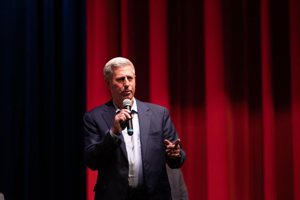 Utah Congressional District 2 representative candidate Bruce Hough speaks during the first Congressional District 2 debate at Woods Cross High School in Woods Cross on June 20, 2023. | Ryan Sun, Deseret News