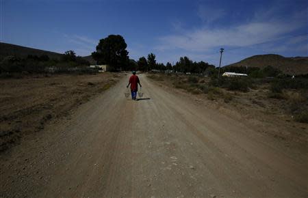 A man carries wire baskets he hopes to sell to tourists in the small town of Nieu-Bethesda in the Karoo October 10, 2013. REUTERS/Mike Hutchings