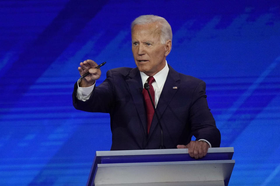 Former Vice President Joe Biden responds to a question Thursday, Sept. 12, 2019, during a Democratic presidential primary debate hosted by ABC at Texas Southern University in Houston. (AP Photo/David J. Phillip)