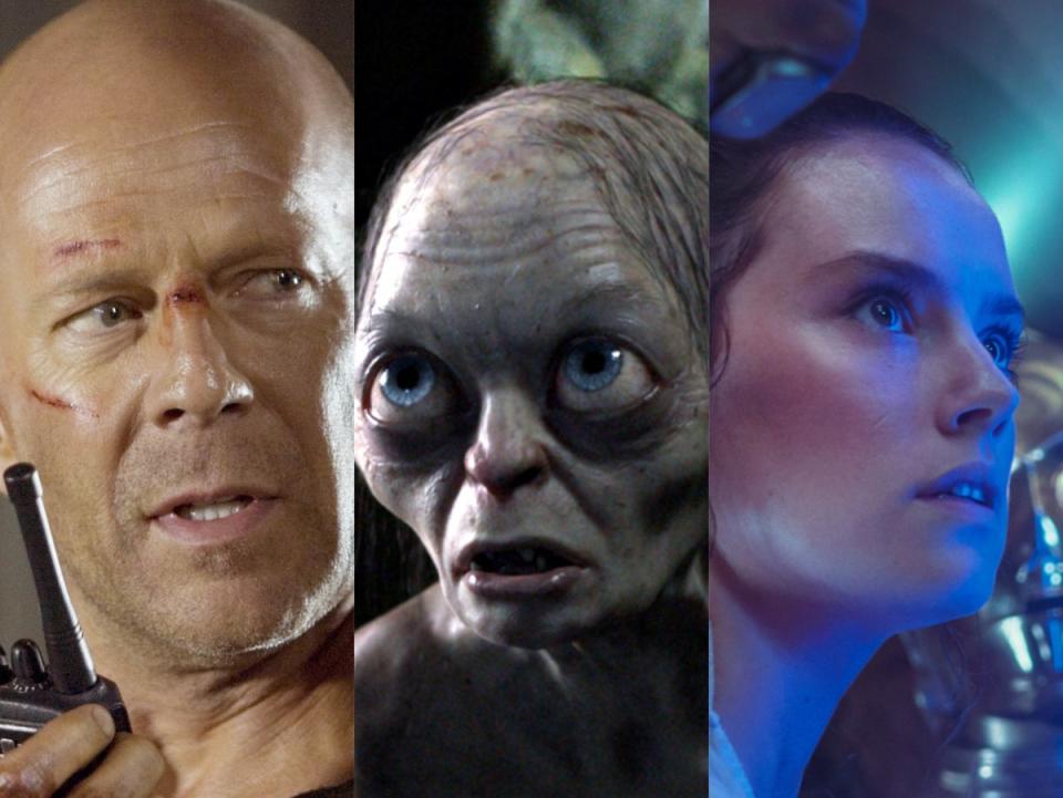 Bruce Willis in ‘Die Hard 4.0’, Andy Serkis in ‘The Hobbit’, and Daisy Ridley in ‘The Rise of Skywalker' (Fox/Warner Bros/LucasFilm)