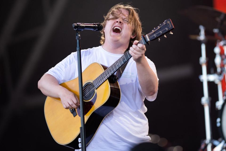 SOMERSET - JUNE 24: Lewis Capaldi performs on the Pyramid Stage on day 4 of the 2023 Glastonbury Festival on June 24, 2023 in Somerset, United Kingdom.  (Photo by Samir Hussein/WireImage)