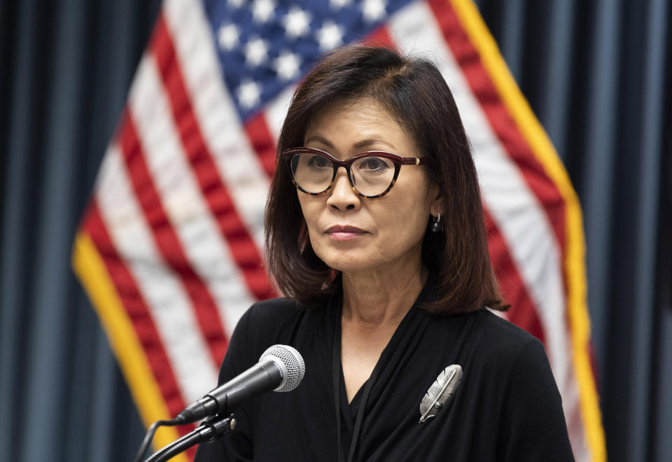 Orange County Supervisor Michelle Steel participates in a press conference in Santa Ana, Calif., announcing the Stigma Free OC campaign to promote mental health and suicide prevention services on Thursday, Nov. 5, 2020. Republican Steel is competing with Democratic incumbent Rep. Harley Rouda for the 48th congressional district. (Paul Bersebach/The Orange County Register via AP)