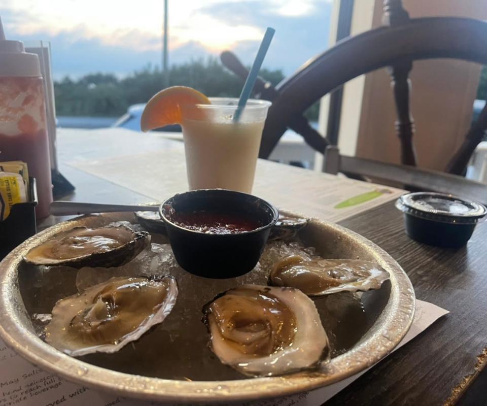 Oysters on the half shell and a frozen Pina Colada from Harpoons on the Bay in North Cape May.