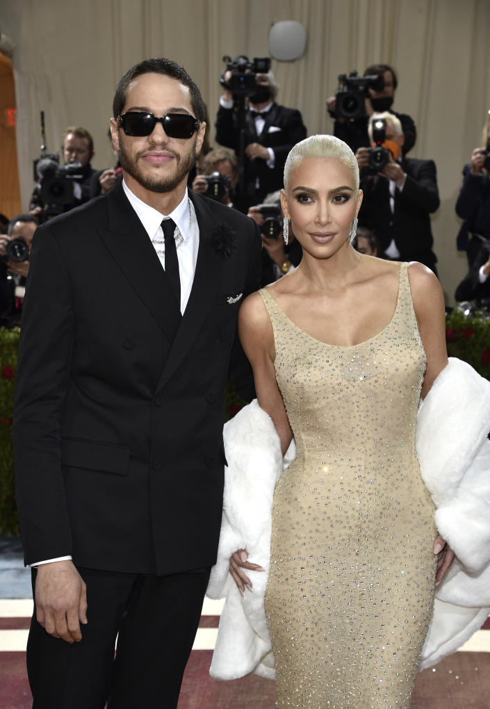 Pete Davidson, left, and Kim Kardashian attend The Metropolitan Museum of Art's Costume Institute benefit gala celebrating the opening of the 