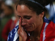 LONDON, ENGLAND - AUGUST 06: Jennifer Suhr of the United States celebrates after winning the gold medal in the Women's Pole Vault final on Day 10 of the London 2012 Olympic Games at the Olympic Stadium on August 6, 2012 in London, England. (Photo by Alexander Hassenstein/Getty Images)