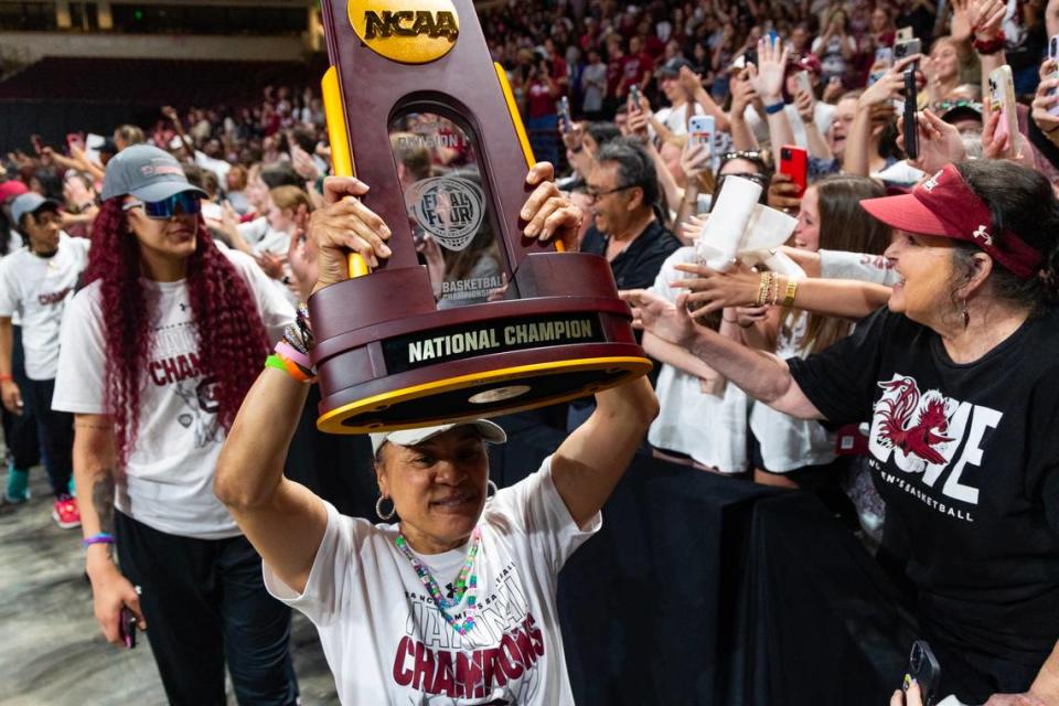 The South Carolina Gamecocks women’s basketball team head coach Dawn Staley receives a hero’s welcome at Colonial Life Arena after winning the 2024 NCAA women’s basketball championship on Monday, April 8, 2024. Joshua Boucher/jboucher@thestate.com