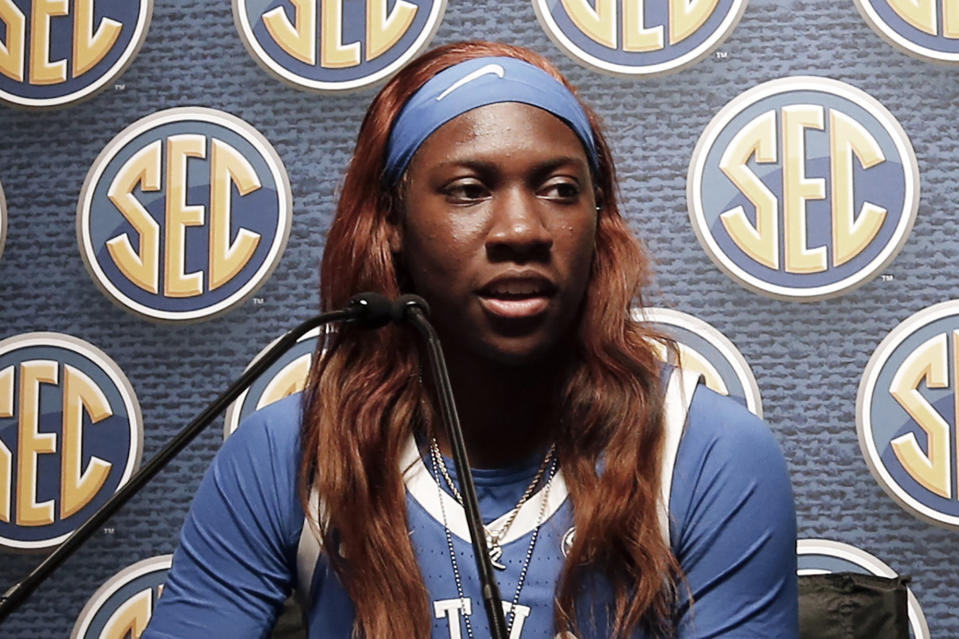 FILE - In this Oct. 17, 2019, file photo, Kentucky's Rhyne Howard speaks during the Southeastern Conference NCAA college basketball media day in Birmingham, Ala. Howard was selected to The Associated Press women's All-America first team, Thursday, March 19, 2020. (AP Photo/Butch Dill, File)
