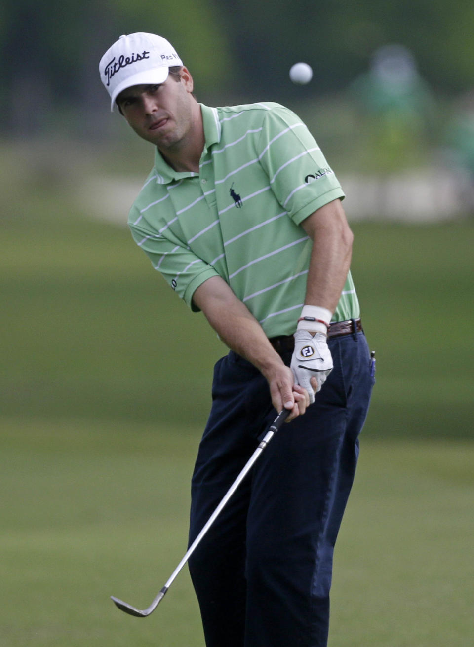 Ben Martin chips into the hole for an eagle on the 11th hole during the second round of the Zurich Classic golf tournament at TPC Louisiana in Avondale, La., Friday, April 25, 2014. (AP Photo/Gerald Herbert)