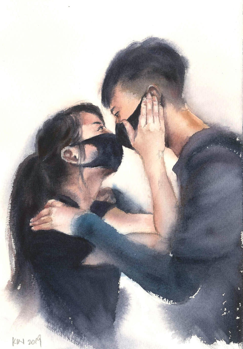 A drawing by Fung Kin Fan based on a photo taken by Reuters correspondent James Pomfret showing a young couple in masks.