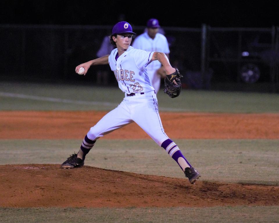 Okeechobee's Gavin Kindell threw the final four innings and drove in the go-ahead run with an RBI single in the fifth inning to lift the Brahmans to a 4-3 win over South Fork in the District 14-5A championship game on Thursday, April 29, 2021.
