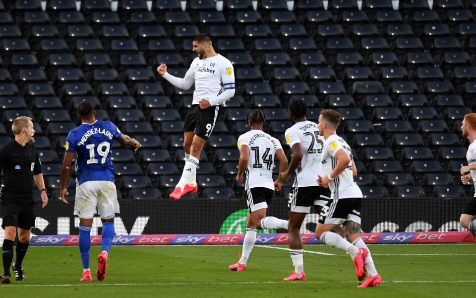 Fulham's Aleksandar Mitrovic celebrates scoring his side's first goal of the game during the Sky Bet Championship match at Craven Cottage - PA