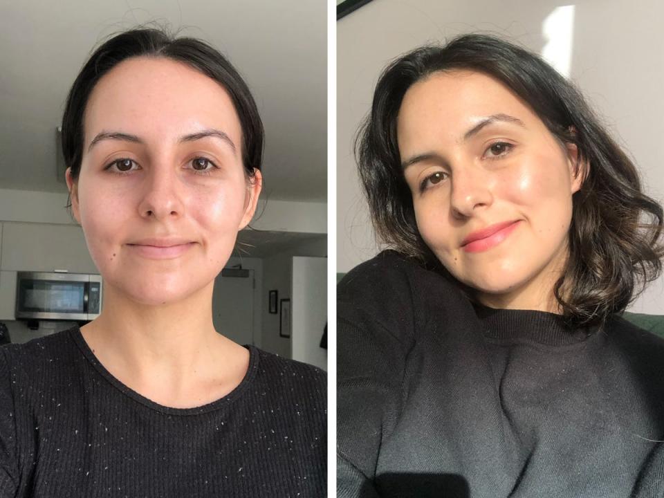 On left, author wearing only EltaMD UV Clear sunscreen; on right, with makeup on