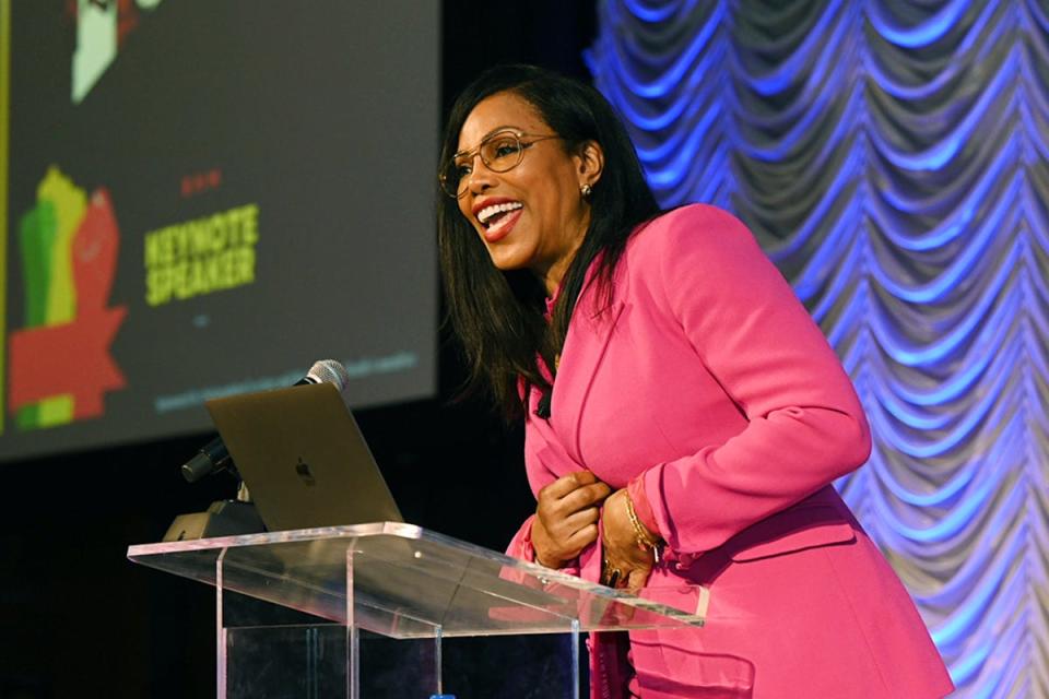 Author and educator Ilyasah Shabazz smiles as she gives the keynote address Monday, Feb. 27, in the Student Union’s ballroom to conclude Middle Tennessee State University’s 2023 Black History Month activities.