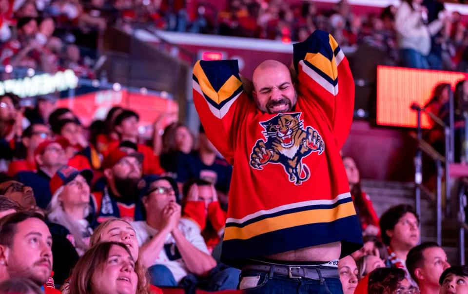 Panthers fans react during a watch party at the Amerant Bank Arena after the Edmonton Oilers scored against the Florida Panthers in Game 4 of the NHL Stanley Cup Final