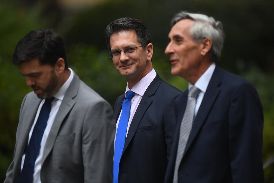 Stephen Crabb (left), Conservative MP and Secretary of State for Wales, with Steve Baker, MP and Sir John Redwood, MP (right) arriving for a meeting being held at 10 Downing Street, central London.