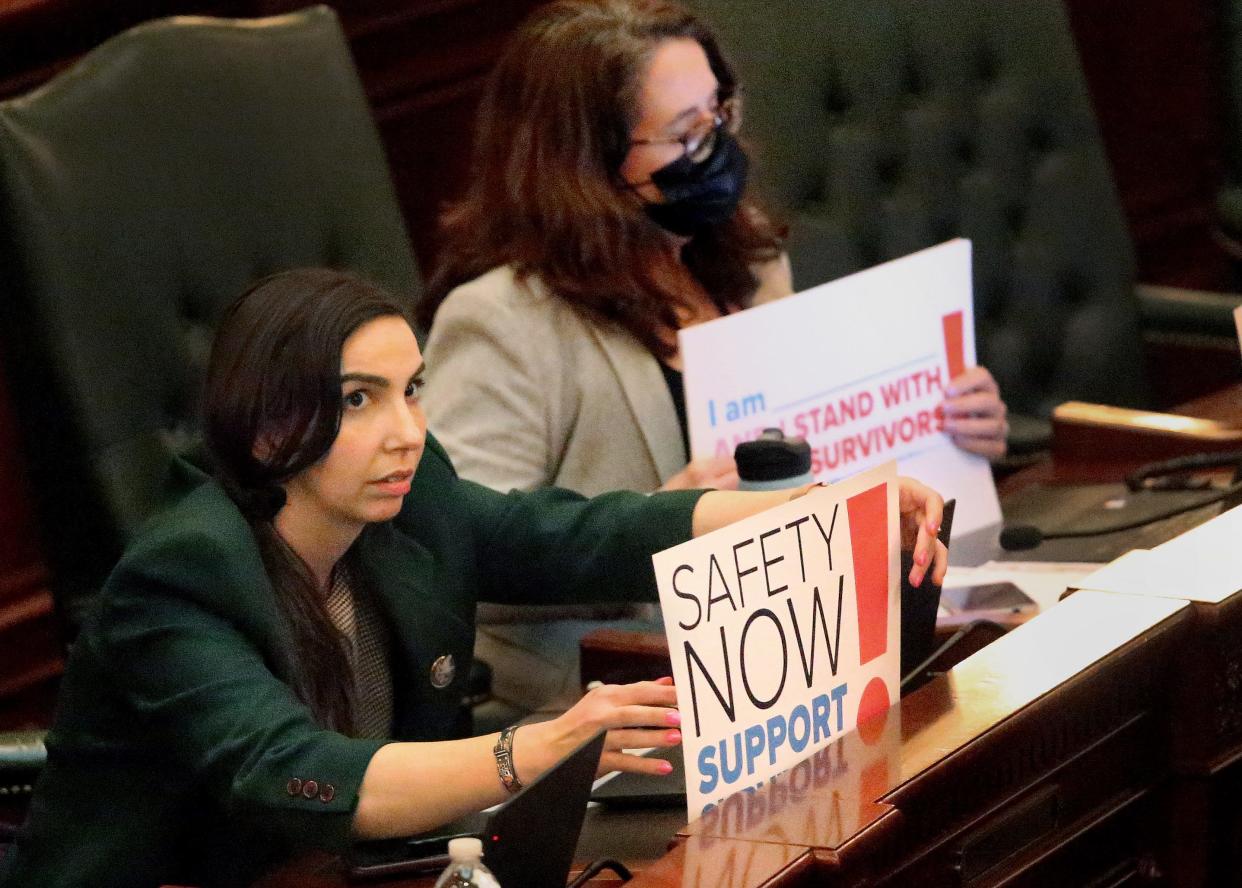 Rep. Anne Stava-Murray, D-Naperville, front, and Rep. Maura Hirschauer, D-Batavia, hold up signs from Crime Survivors for Safety and Justice during debate on the House floor on Friday. [Thomas J. Turney/The State Journal-Register]