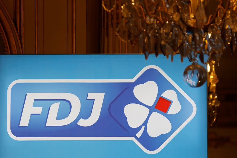 The logo of France's national lottery operator Francaise des Jeux (FDJ) is seen during a news conference about the company's privatisation in Paris