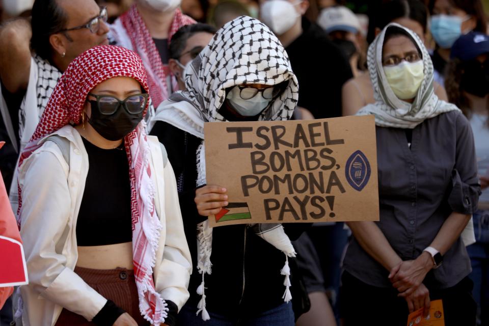 Over 200 Pomona College students and students from the other Claremont Colleges, protest and rally for Pomona College to divest from Israel, Israel out of Gaza and over the recent arrest of 20 students last week in front of the Honnold/Mudd library on the Pomona College campus in Claremont on April 11, 2024. 20 students were arrested for trespassing last week during a sit-in inside Alexander Hall on the Pomona campus.