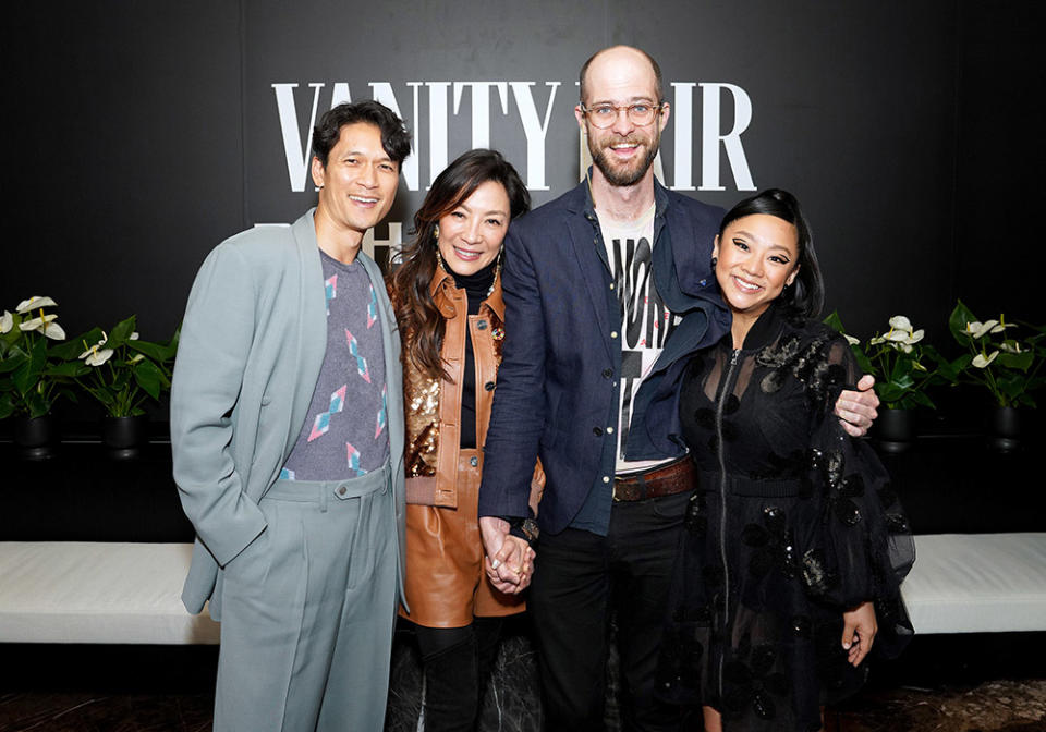 (L-R) Harry Shum Jr., Michelle Yeoh, Daniel Scheinert, and Stephanie Hsu arrive as Vanity Fair and Richard Mille host a private cocktail party honoring A24's "Everything Everywhere All at Once" in Los Angeles at Mandarin Oriental Residences Beverly Hills on March 10, 2023 in Beverly Hills, California.