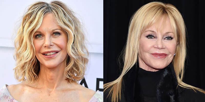 <p>Actresses Meg Ryan and Melanie Griffith have only become more similar looking with age. Their oval-shaped faces are even more identical thanks to their button-shaped noses and blue eyes. </p>