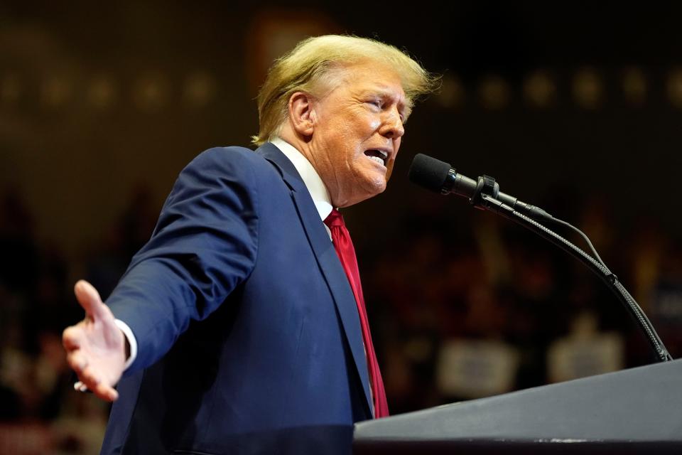 Republican presidential candidate former President Donald Trump speaks at a campaign rally Friday, Feb. 23, 2024, in Rock Hill, S.C. (AP Photo/Chris Carlson)