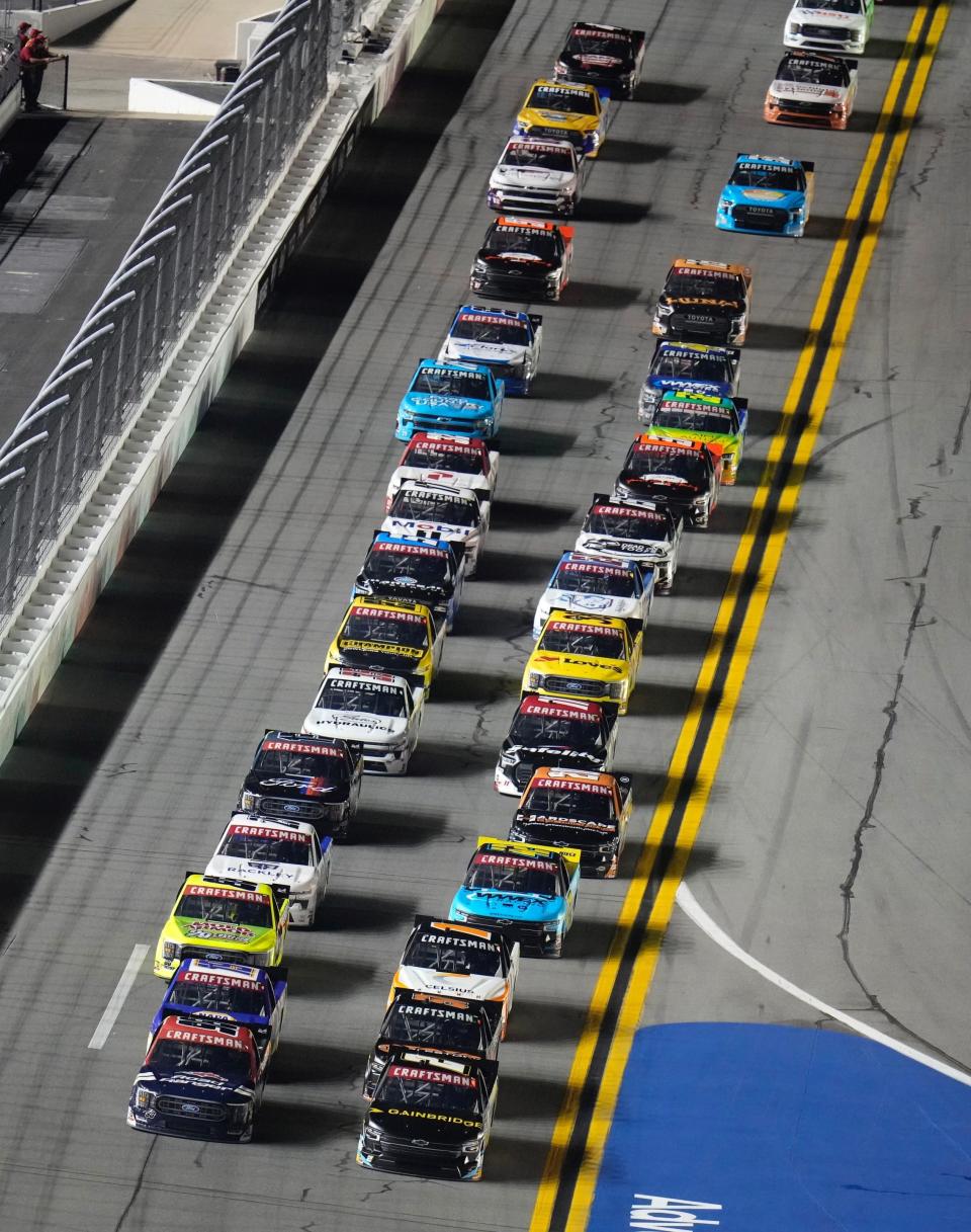 Rookie Nick Sanchez leads the field to the green flag in the Craftsman Truck Series NextEra Energy 250 at Daytona on Friday night.