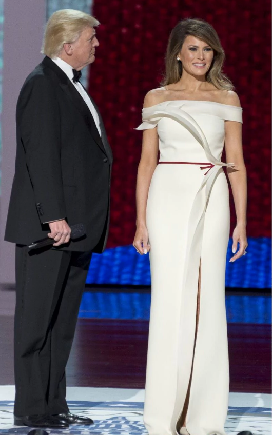 Melania Trump wearing Herve Pierre for the Inaugural Ball in January - Credit: Rex