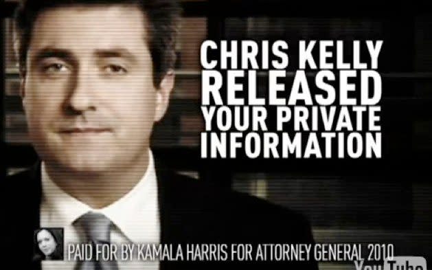 An affectedly grainy image of Chris Kelly, a round-faced young-ish white man with close-cropped hair and wearing a suit, with the words: "CHRIS KELLY RELEASED YOUR PRIVATE INFORMATION". At the bottom, a disclaimer reads: "Paaid for by Kamala Harris for Attorney General 2010" - Kamala Harris/YouTube