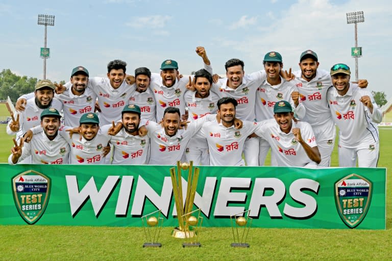 Bangladesh's players celebrate their series win in Pakistan earlier this month (Aamir QURESHI)