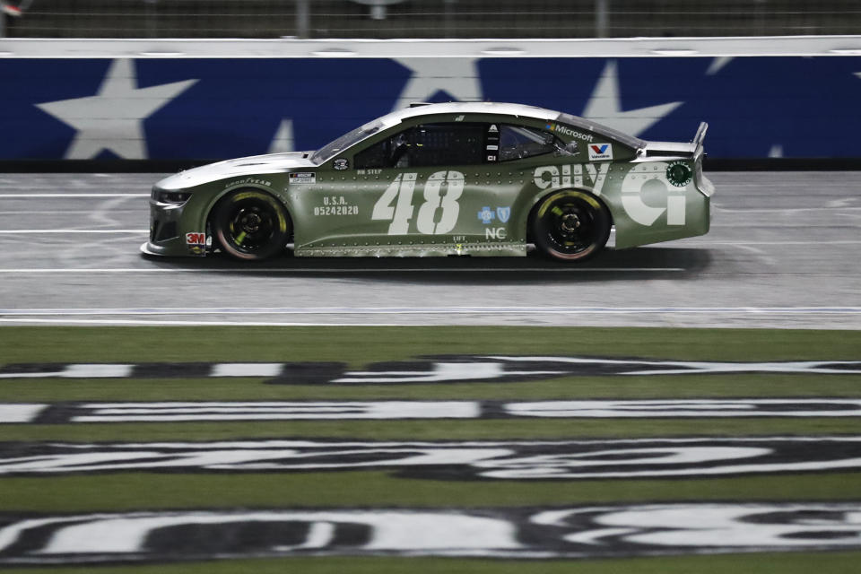 Jimmie Johnson drives during a NASCAR Cup Series auto race at Charlotte Motor Speedway Sunday, May 24, 2020, in Concord, N.C. (AP Photo/Gerry Broome)