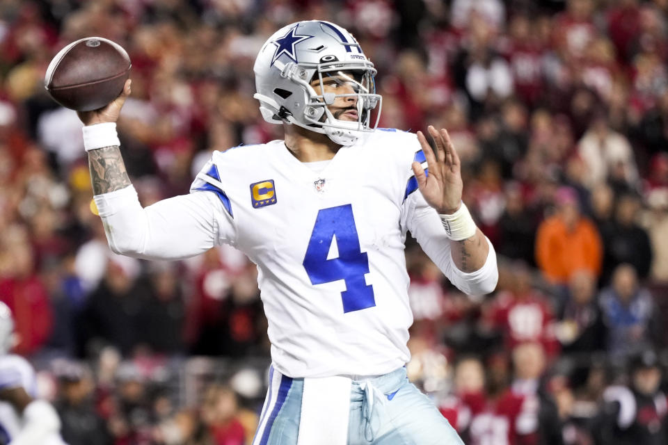 SANTA CLARA, CALIFORNIA - JANUARY 22: Dak Prescott #4 of the Dallas Cowboys throws a pass against the San Francisco 49ers during the fourth quarter in the NFC Divisional Playoff game at Levi's Stadium on January 22, 2023 in Santa Clara, California. (Photo by Thearon W. Henderson/Getty Images)