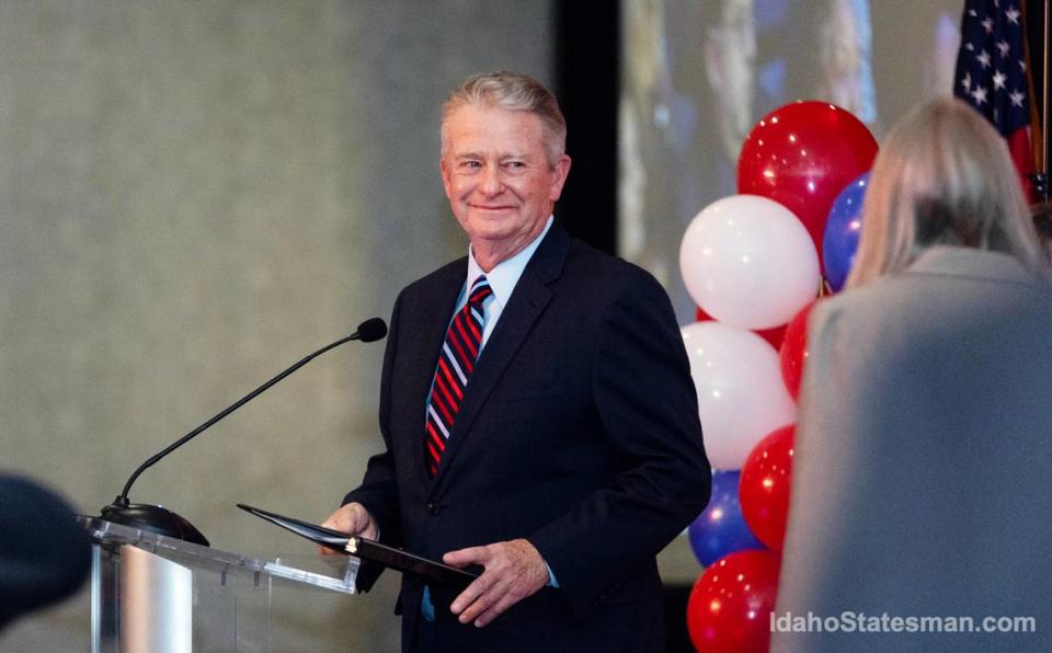 Idaho Gov. Brad Little takes the podium for an acceptance speech after winning reelection at GOP party at the Grove Hotel in Boise on Nov. 8, 2022. The state party last week passed a “vote of no confidence” for the governor after he vetoed a bill to create bounties on public libraries.