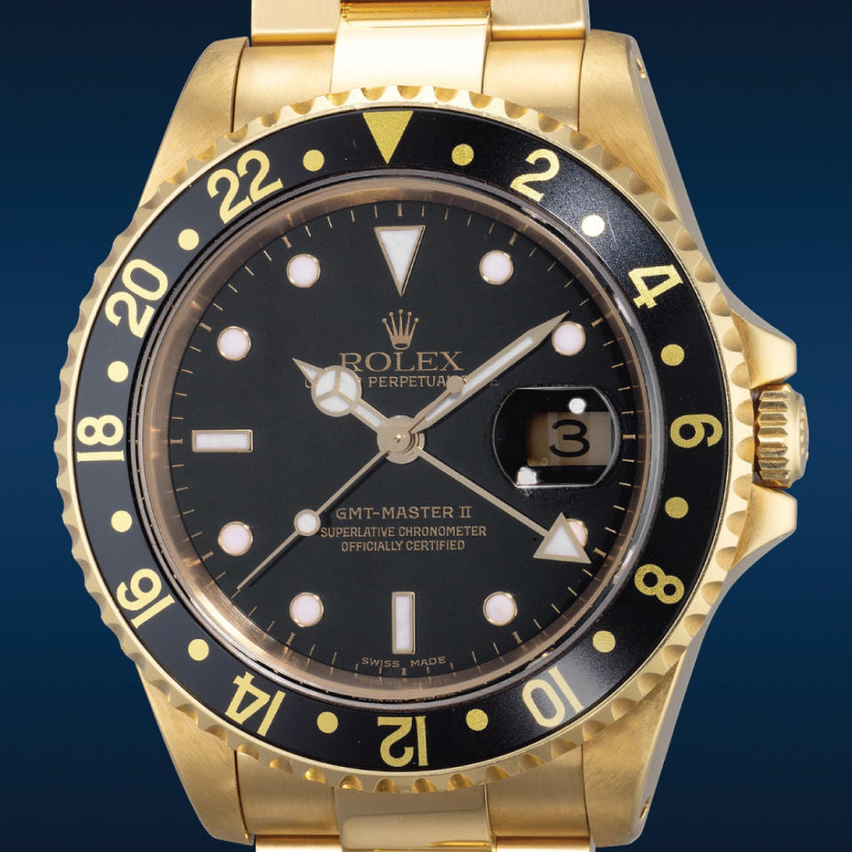 This Rolex GMT Master II reference 16718 from 2002 is just barely in the neo-vintage category, and will fetch a reasonably lower price than other solid gold Rolexes, both newer and vintage.