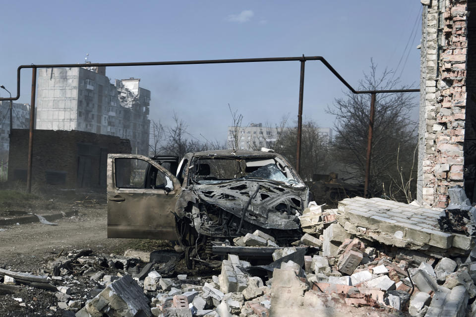 A general view of Bakhmut, the site of heavy battles with Russian troops in the Donetsk region, Ukraine, Sunday, April 9, 2023. (AP Photo/Libkos)