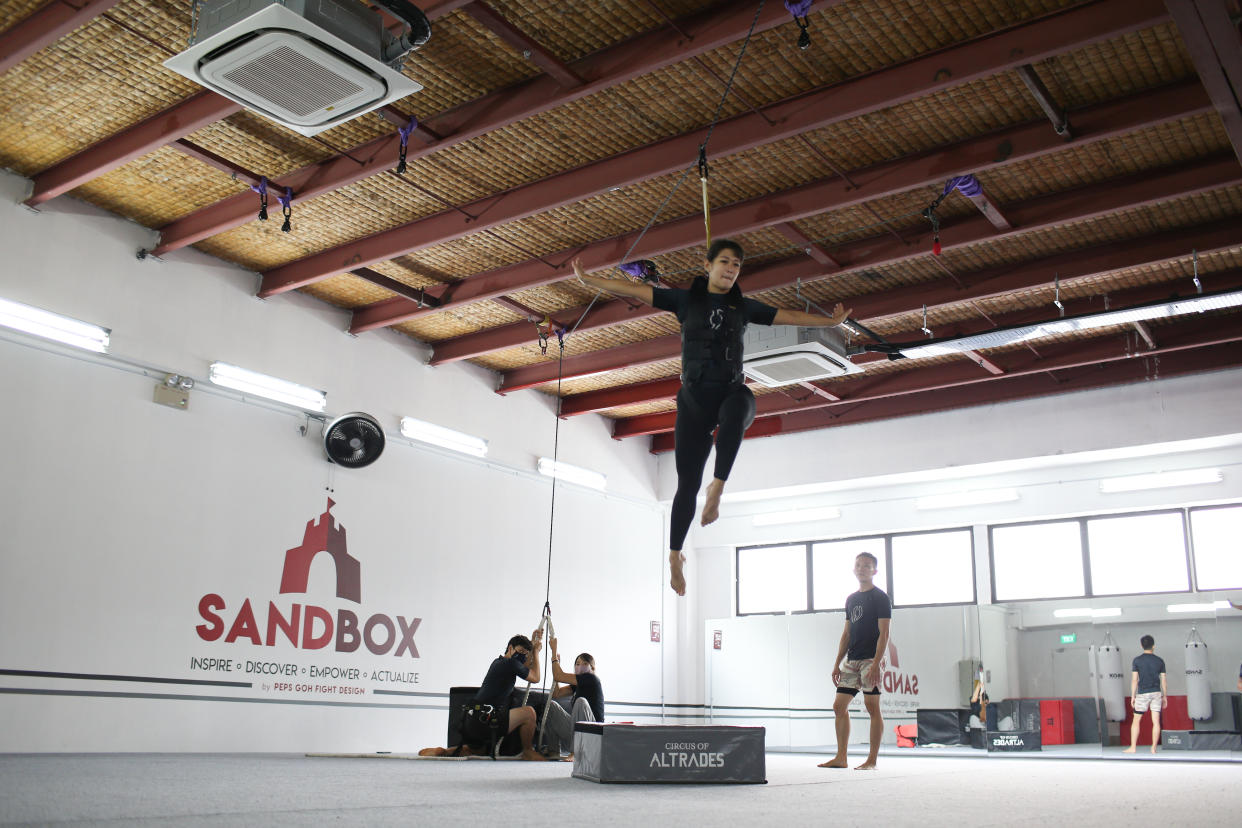 Wire-work stunt classes at Sandbox Training Ground stunt school. (PHOTO: Cheryl Tay)