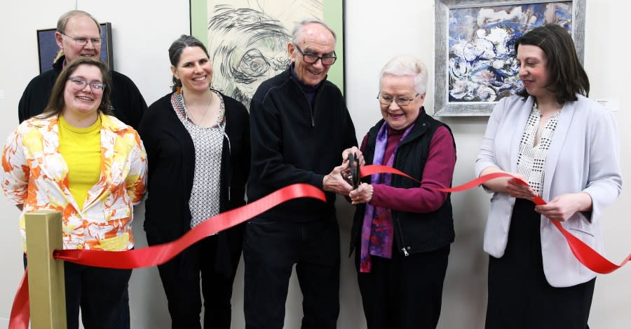 Harlow and Lila Blum of Monmouth, center, cut the ribbon Wednesday morning to dedicate the Buchanan Center for the Arts Blum Studio classroom. Looking on are (L-R) Monmouth Mayor Rod Davies, BCA Program Coordinator & Social Media Curator Rebecca Quick, Art Presenter Program Coordinator Sarah Mayfield and Buchanan Center for the Arts Board President Mary Osborne.