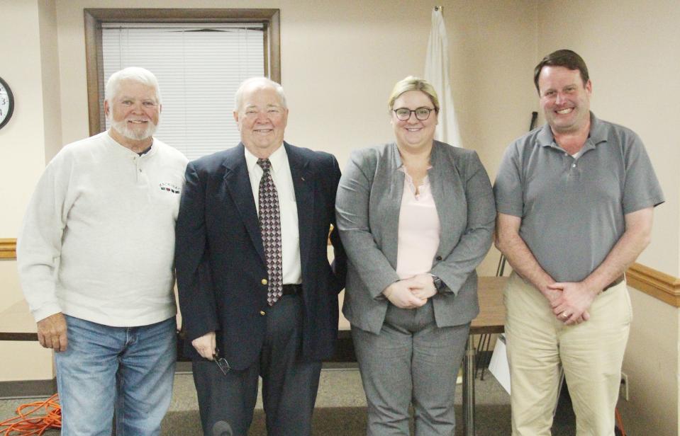 Three aldermen will be leaving the Pontiac City Council on May 1 as the new council is seated after the April 4 Consolidated Election. Mayor Bill Alvey, second from left, recognized the work of Alderman Don Hicks, left, Alderperson Maggie Clark, second from right, and Alderman Brian Gabor at the end of Monday's city council meeting.