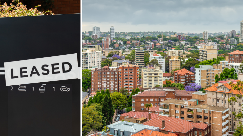 For lease sign and aerial view of a Sydney suburb.