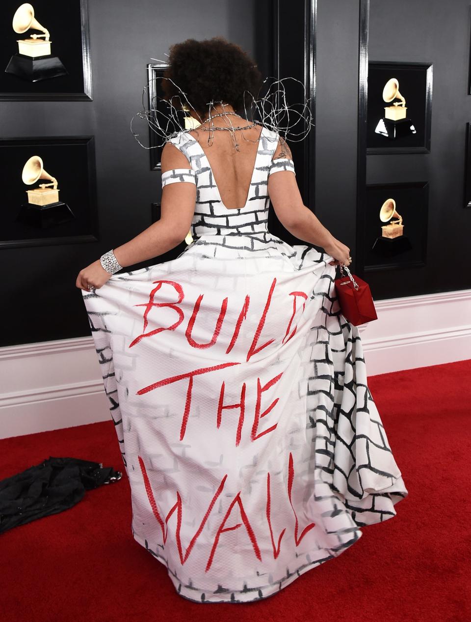 Joy Villa at the 2019 Grammys wearing her controversial "build the wall" dress